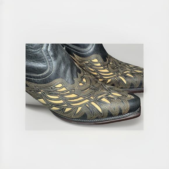 Womans Lucchese M3582 Black Crackle Lazer Design Bone Inlay Cowboy Boots 9.5 B - Picture 2 of 13